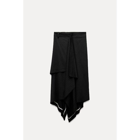 Zara Womens Midi Skirt Large L Black Pinstriped handkerchief Asymmetric High Low - Picture 2 of 8